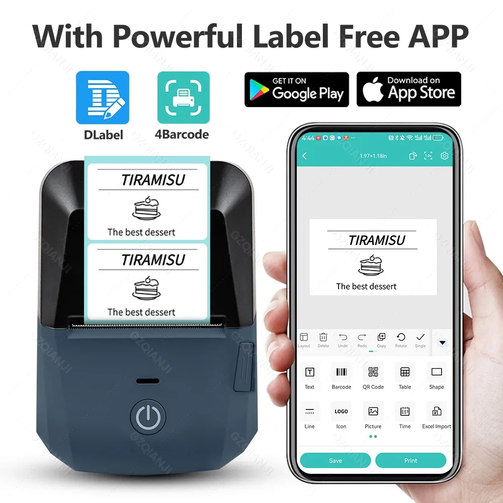 58mm Bluetooth Portable Label Receipt 2-in1 Thermal Printer with Sticker Paper Tag Price Barcode Labeller for Office Home Use