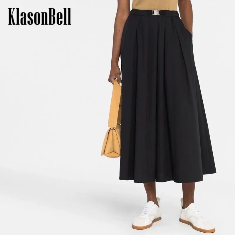 3.17 KlasonBell Women 2023 Spring Summer New Adjustable Stretch Waist Belt Cotton Pleated Midi Skirt штаны uniqlo exclamation 2way stretch cotton like leg длина 85см длинная длина