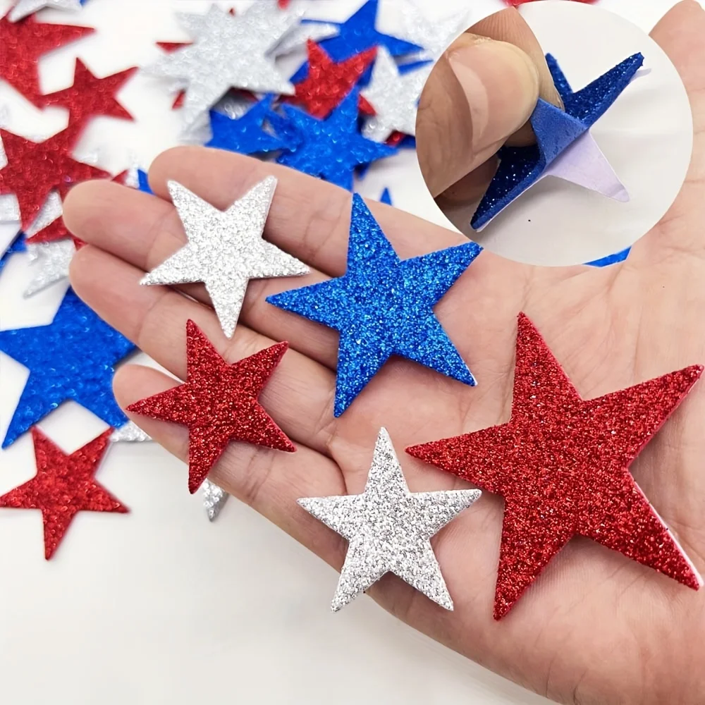 360 Pcs Patriotic Star Stickers - Red White Blue Glitter Foam Stars For July 4th Decorations
