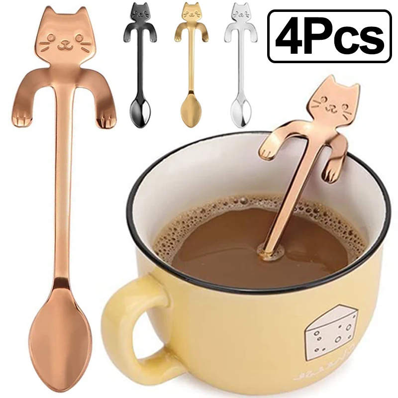 

1/4PCS Stainless Steel Spoon Cute Cat Coffee Spoons Kitchen Coffeeware Spoon for Tea Ice Cream Dessert Snack Coffee Milkshake
