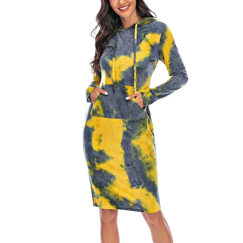 Women Fashion Color Match Big Pocket Knee-Length Pullovers Autumn Winter Simple Casual Outwear Tie Dye Long Hooded Sweatshirts