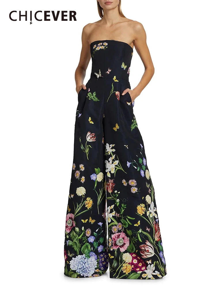 

CHICEVER Print Strapless Jumpsuits For Women Slash Neck Sleeveless High Waist Spliced Zipper Hit Color Wide Leg Jumpsuit Female