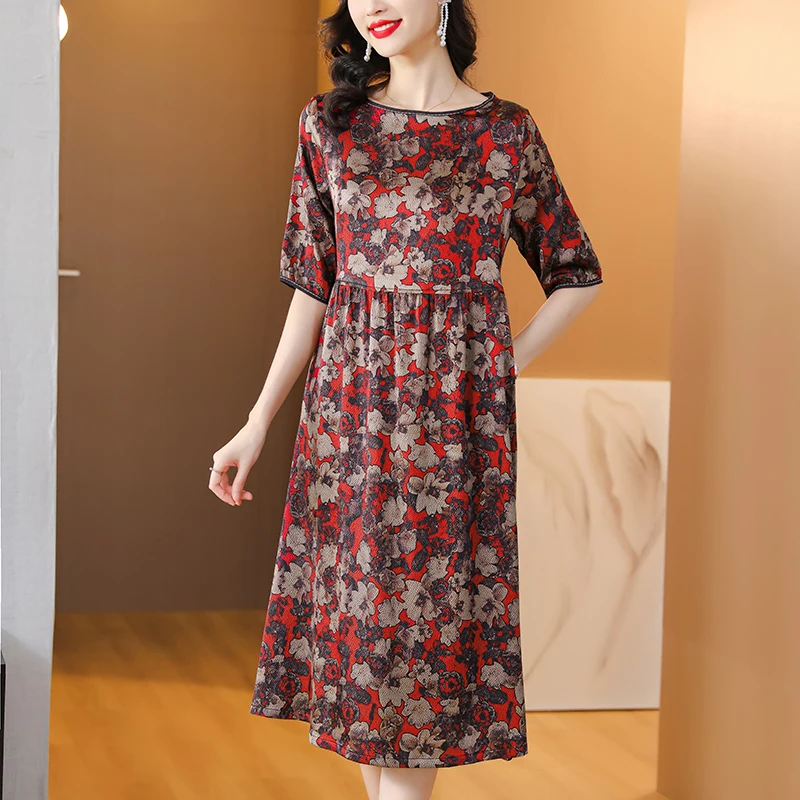 

2023 New Fashion Silk Printed Dress Women's Summer Versatile Round Neck Short Sleeve Loose Fit Casual Holiday Dress Vestidos