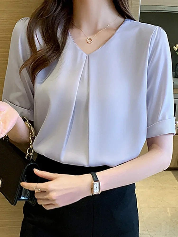 

Женская шифоновая блузка с коротким рукавом, V-образным вырезом
