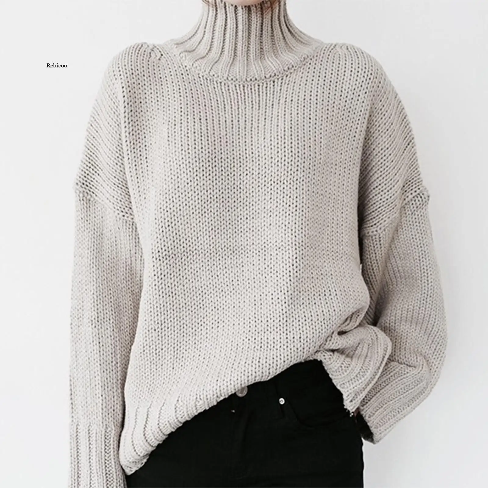 

Winter Womens Long Sleeve Hight Neck Knitted Keep Warm Sweater Tops Ladies Vintage Korean Fashion Knitwear Autumn