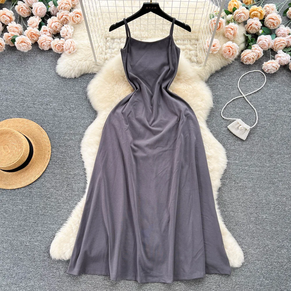 

Summer Solid ABG Strap Knit Dress Minimalist Small Waist Wrapped Bottom Outer Wear Long Skirt