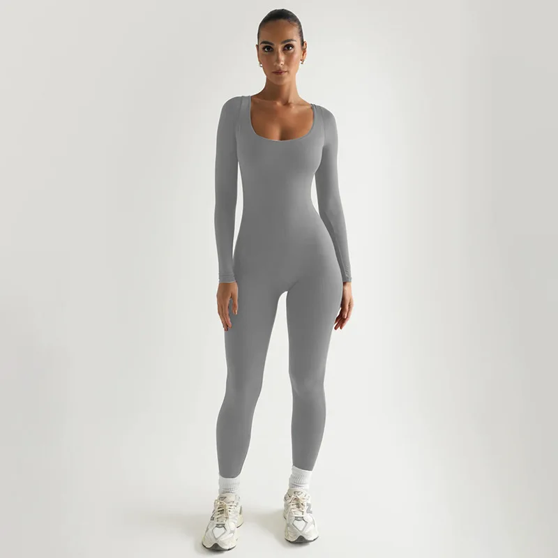 Women Skinny Jumpsuit Solid Color Square Collar Long Sleeve Bodycon Sexy Club Wear Work Out Sports Fitness Jogger Set Rompers
