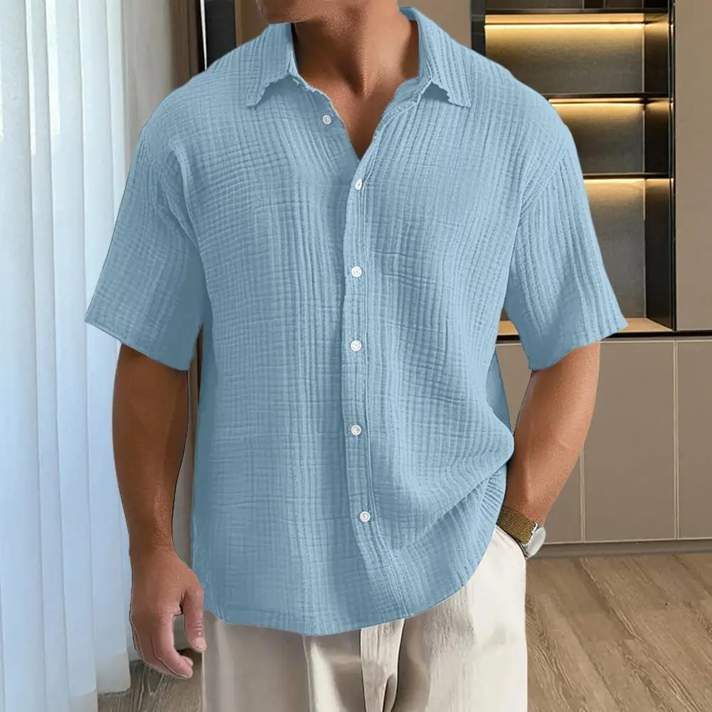Men Summer Shirt Men's Summer Button-down Cardigan with Turn-down Collar Short Sleeves Loose Fit Casual Daily Wear for Mid