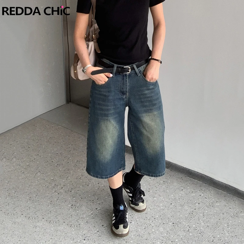 REDDACHIC Do Old 로우 웨이스트 청바지, 여성용 위스커, 스트레이트 루즈 캐주얼, 무릎 긴 데님 반바지, 빈티지 의류, 여름 
