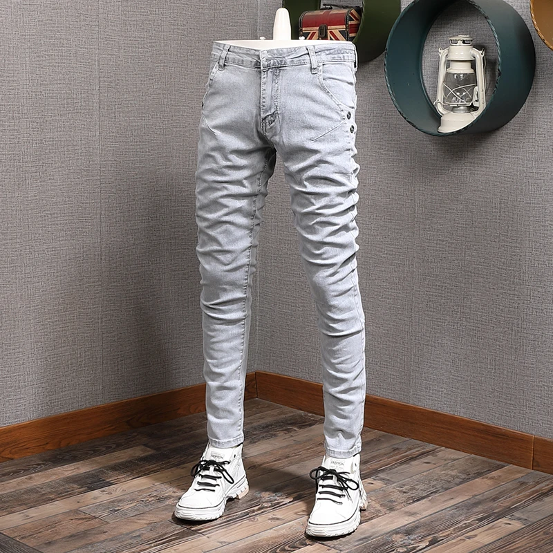 Fashion Designer Men Jeans Retro Gray Stretch Slim Ripped Jeans Men Elastic Trousers Vintage Casual Denim Pencil Pants Hombre