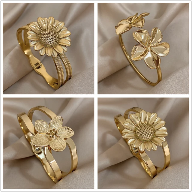 AENSOA Exaggerated Flowers Stainless Steel Charm Wide Bracelet for Women Trendy Golden Sunflower Cherry Floral Thick Cuff Bangle 1