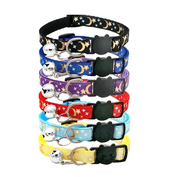 Gold Stars and Moon Cat Collar with Reflective Safety Buckle and Bell 1