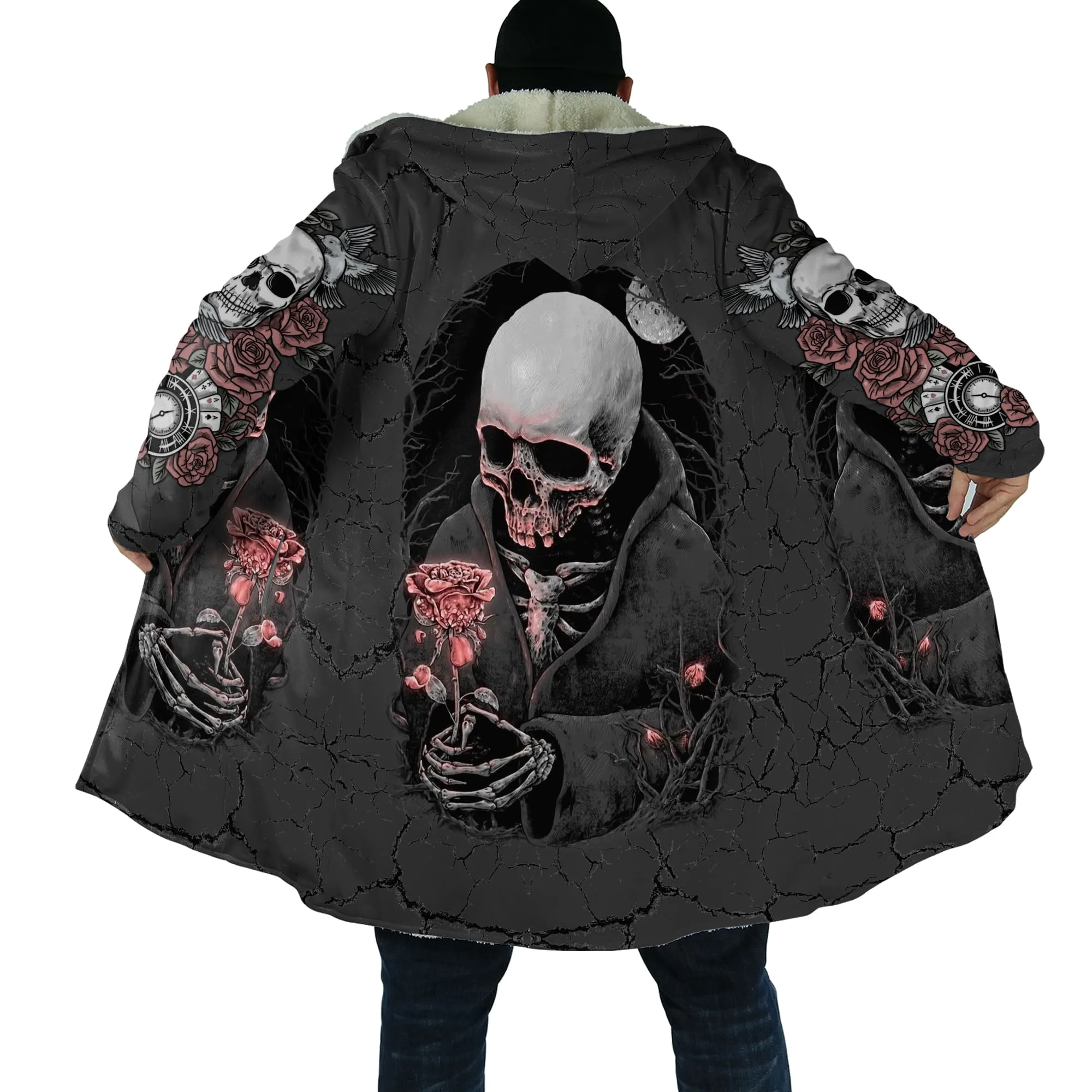 PLstar Cosmos Herren-Umhang, Totenkopf, Teufel, Tattoo, 3D-Allover-bedruckter Fleece-Kapuzenumhang, Unisex, lässig, dick, warm, Umhang, Mantel PF71 – Detail 18