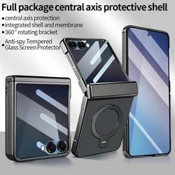 Premium Carbon Fiber Phone Case with 360° Rotating Stand and Privacy Glass Screen Protector - Galaxy Z Flip 7 (Twilled black)
