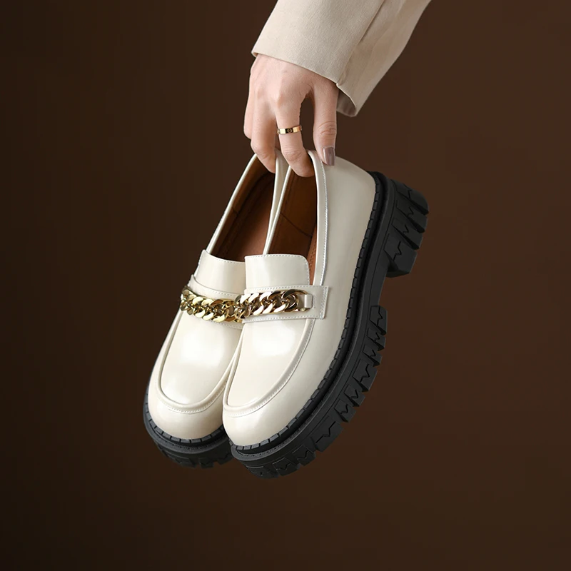 

MythLuo Platform Loafers For Women Chunky Heels Shoes Genuine Leather Round Toe with CHAIN Thick Sole Ladies Causel Shoes