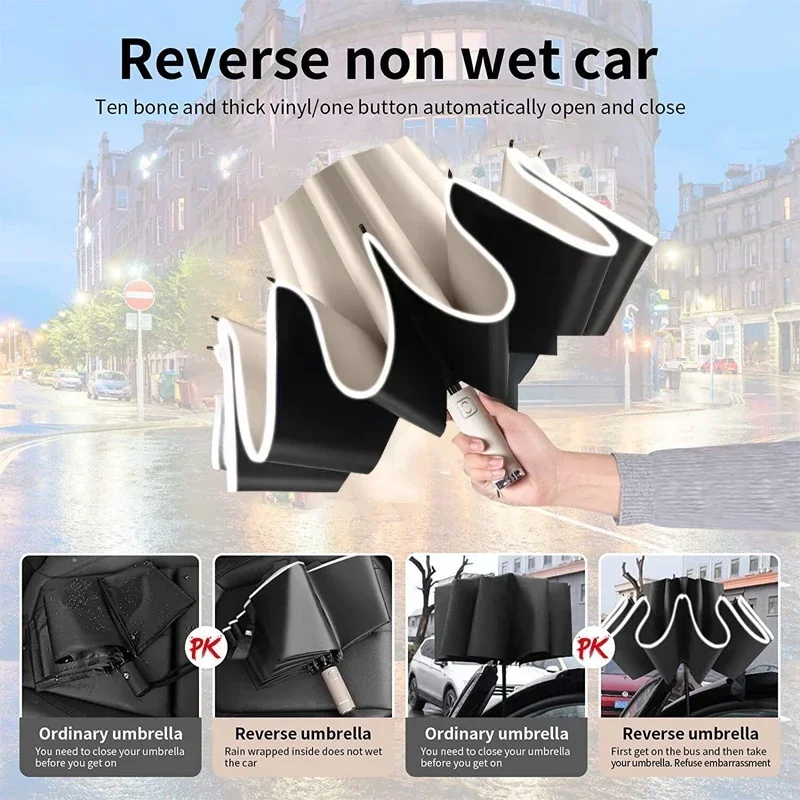 Ombrello pieghevole inverso automatico Protezione solare UV antivento Cornice forte Baldacchino grande per pioggia Sole Design portatile a doppio uso - immagine 4