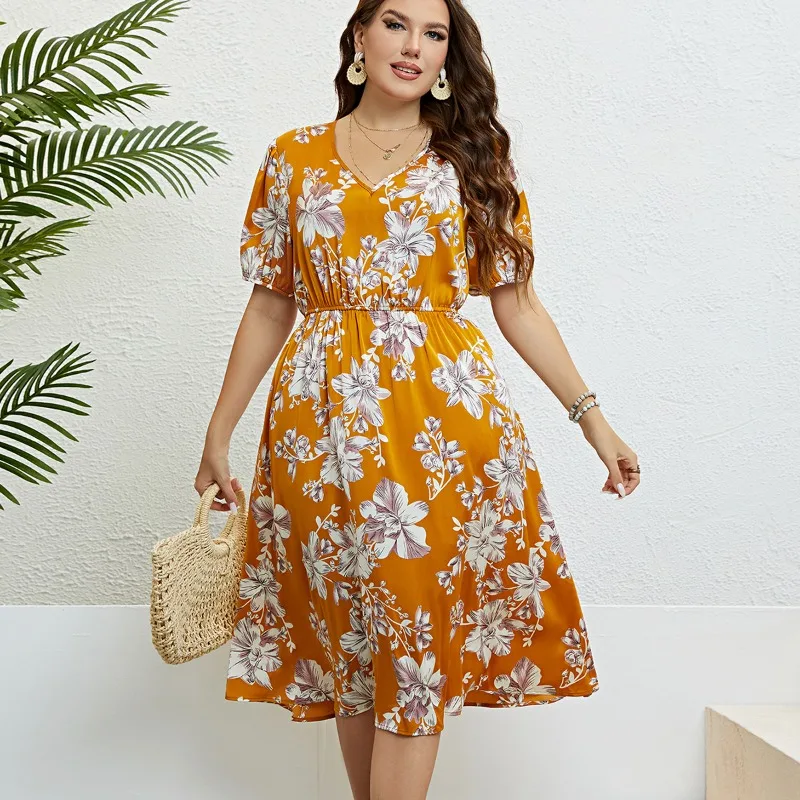 

Oversized Dress Woman 2024 Summer V Neck Short Sleeve Floral Print Casual Midi Dress Korean High Waist Chic Beach Party Dresses
