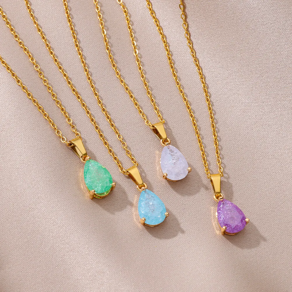 Zircon Teardrop Necklace Gold Plated Stainless Steel For Women Wedding