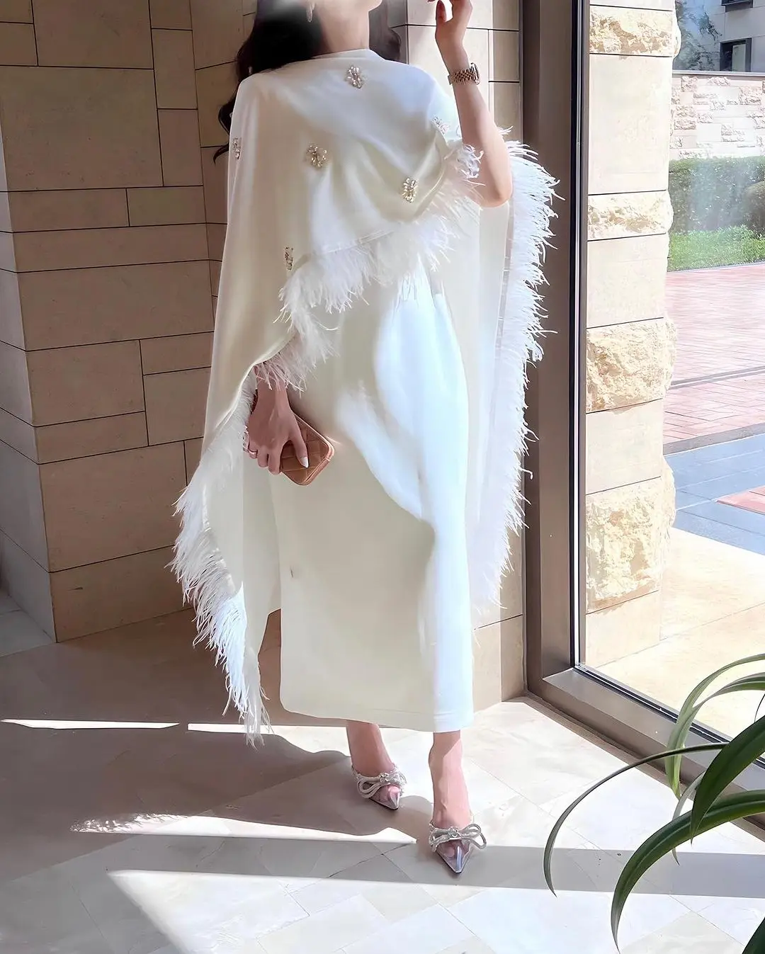 

FLORINE TULIRAIN O-neck Feather Embroidery White Vent Tea-length Satin Wedding Evening Dress Cocktail Prom Gown For Sexy Women