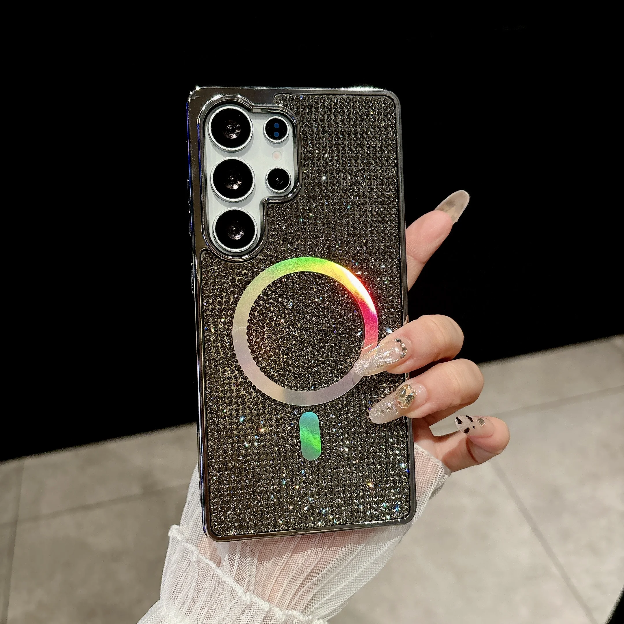 Glitter Diamond Plating TPU+PC Phone Case with Wireless Charging and Magnetic Feature - Girly Cover