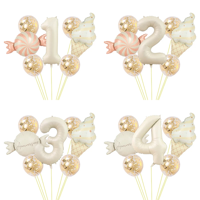 Süßigkeiten-Eiscreme-Folienballons mit Bunten Konfetti-Ballons 32 Zoll Ziffernballon 0-9 Geburtstagsparty Babyparty Dekorationen
