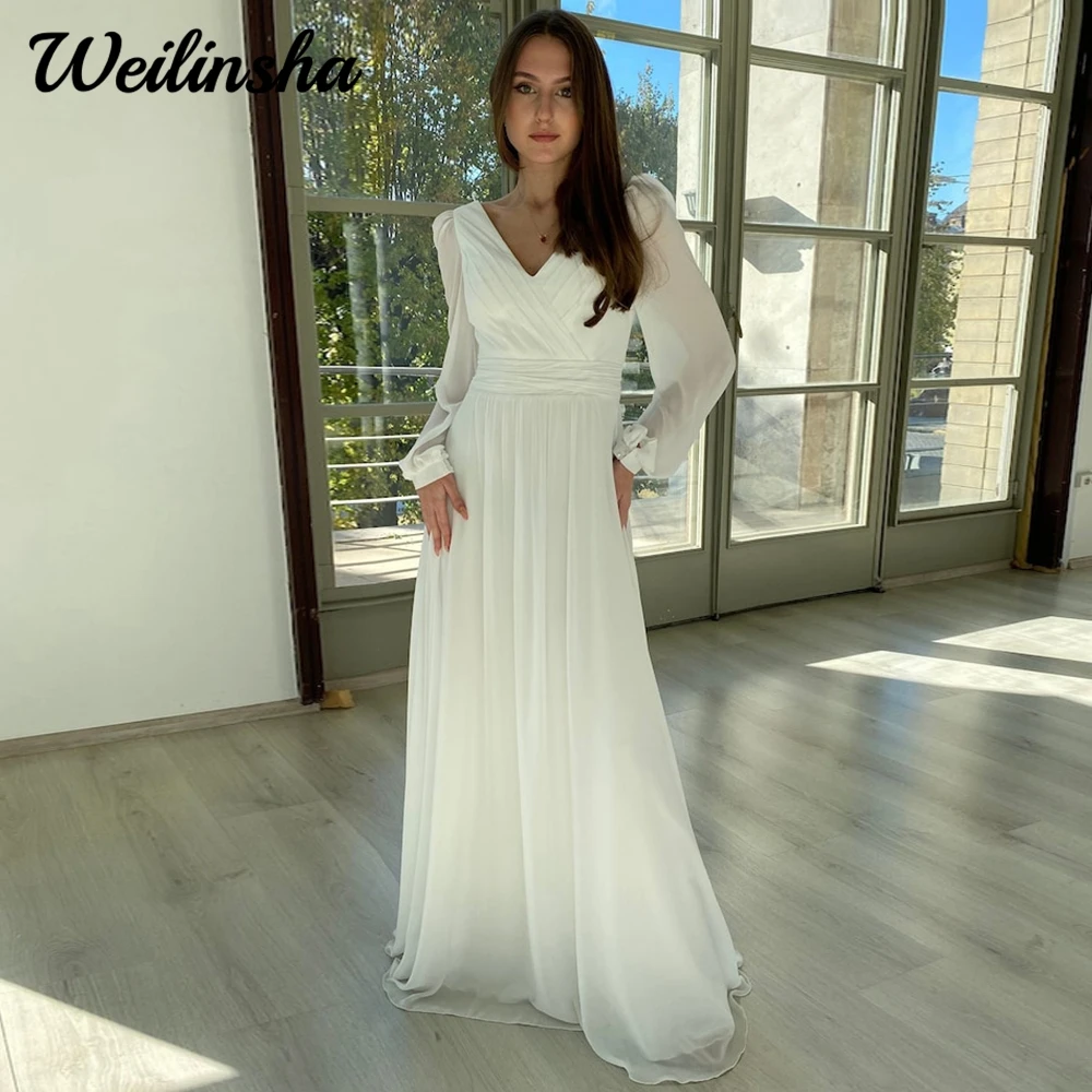 

Weilinsha Civil Wedding Dress 2023 Woman Long Sleeves V Neck Simple Chiffon Bridal with Pleats Sweep Train Vesito De Novia