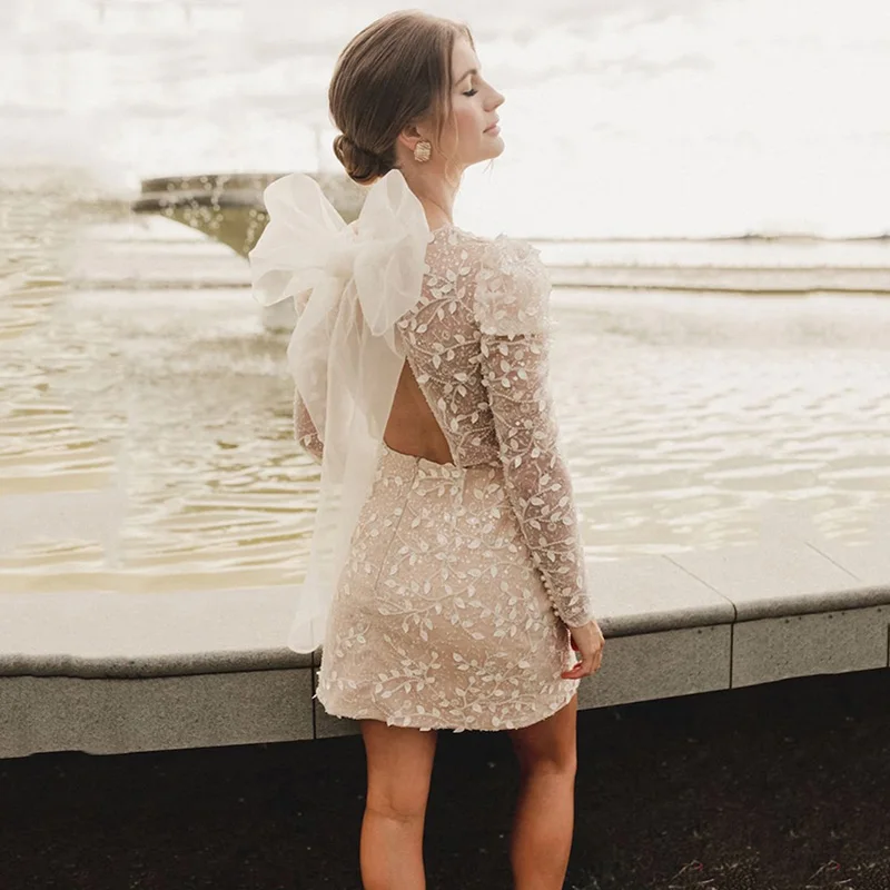 

Beach V Neck Lace Short Wedding Dresses Long Sleeves With Bow Mini Backless Beadings Bride Dress Above Knee Bridal Gowns