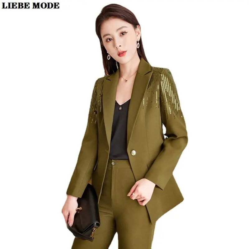 

Pants Suit for Women Green Khaki Black Fashion Elegant Two Piece Set Office Lady Formal Business Casual Blazer Trousers Outfits