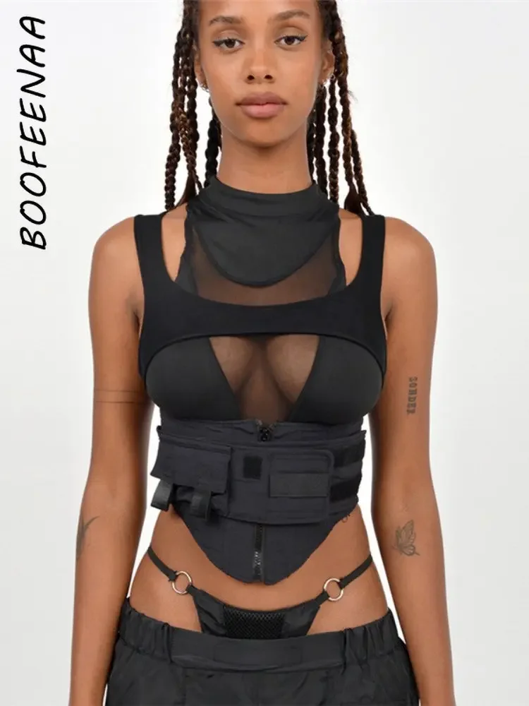 

BOOFEENAA Street Fashion Sexy Black Cropped Tank Top See Through Mesh Patchwork Techwear Sleeveless Tshirts for Women C87-EZ25