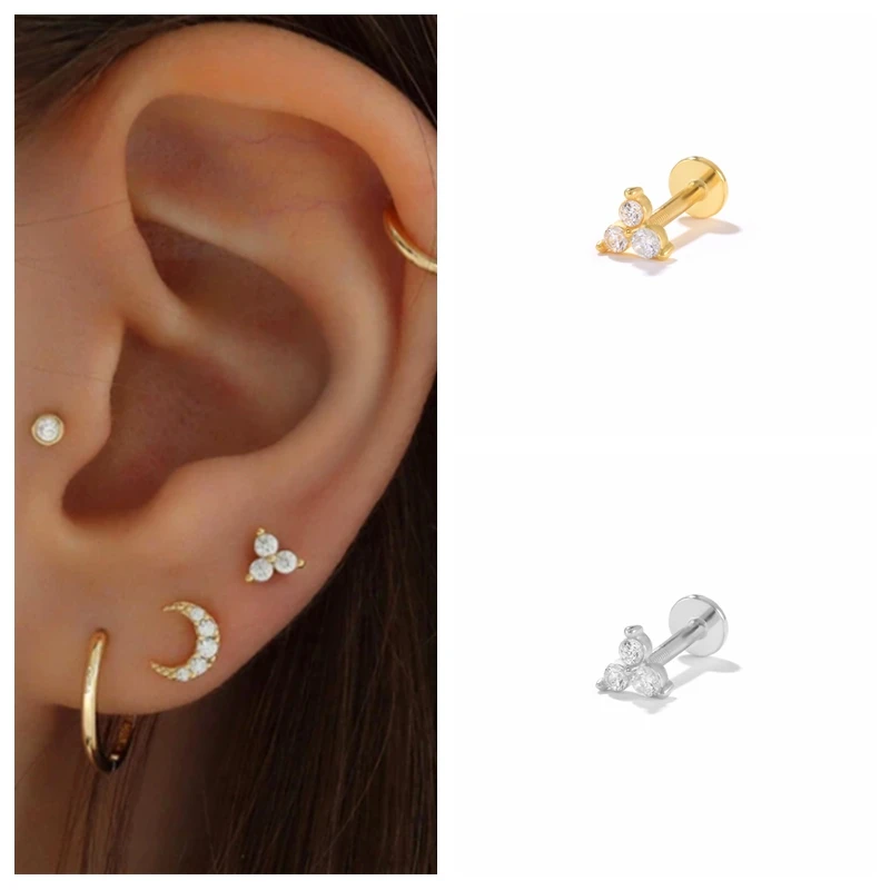 CANNER 925 Sterling Silver Stud Earrings for Women Cubic Zirconia Labret Lip Ring CartilageTragus Piercing Earring Jewelry 1pc