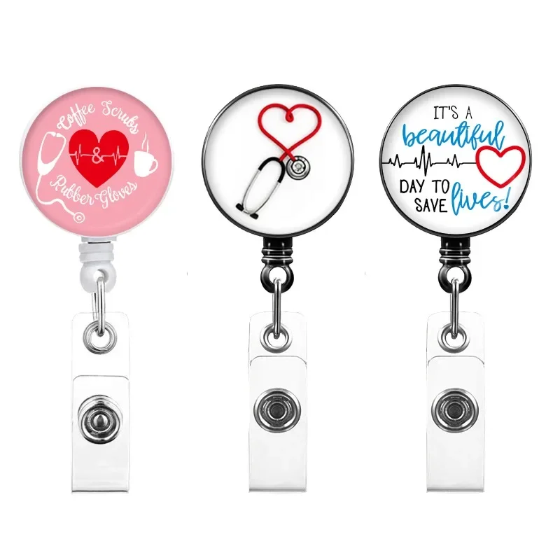 Pink Love Stetoscopio Easy-To-Pull Id Badge Clip Porta Credencial Infermiera Badge Reel Cordini Id Badge Holder Portachiavi Retrattile