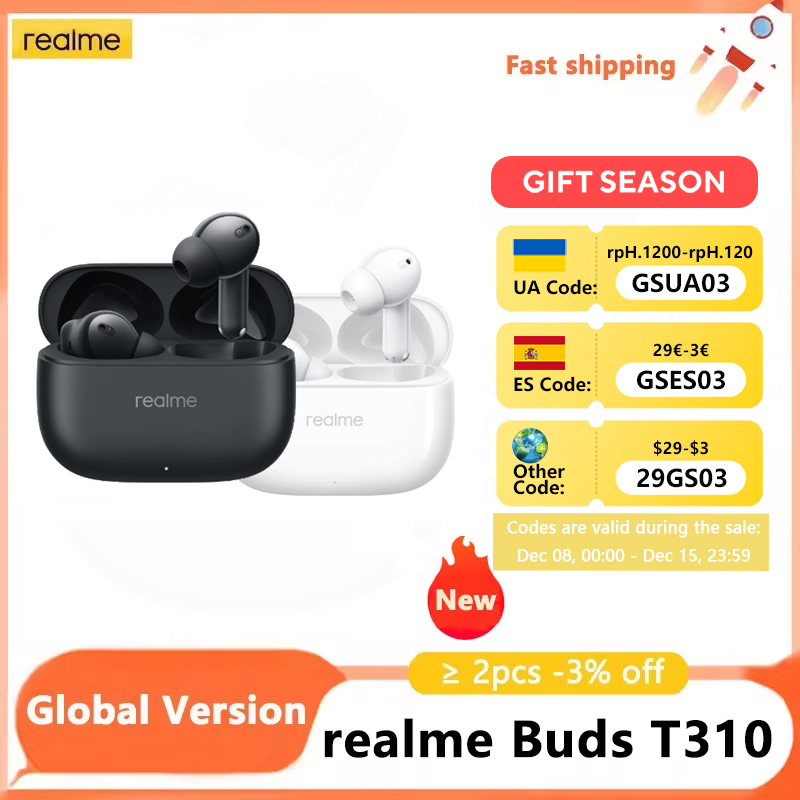Global Version realme Buds T310 Bluetooth 5.4 Wireless TWS Earphone 40H Battery Life Headphone 46dB Active Noise Cancelling