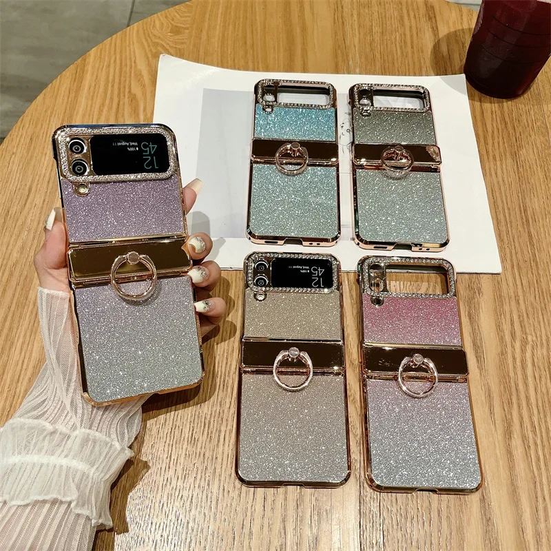 Phone Case For Samsung Galaxy Z Flip 4 3 5G Rhinestone Camera Edge Glitter Trim With Ring Hinge Electroplated Plastic Back Cover