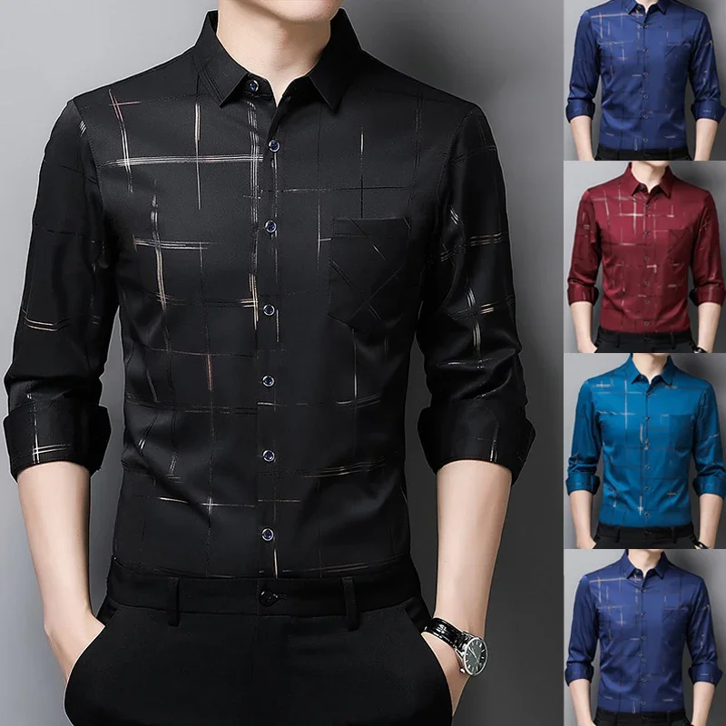 Shirt Men Long sleeved Quality Elastic Gold Stamped Non iron Business Fashion Casual