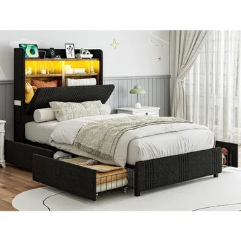 Twin XL Bed Frame with Storage & LED Headboard 1