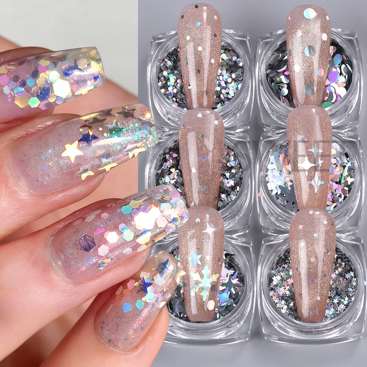 6pcs Holographic Silver Snowflakes Nail Art Sequin Mixed Star Round Hexagon Mini Heart Star Slices Spangles Laser Manicure Flash