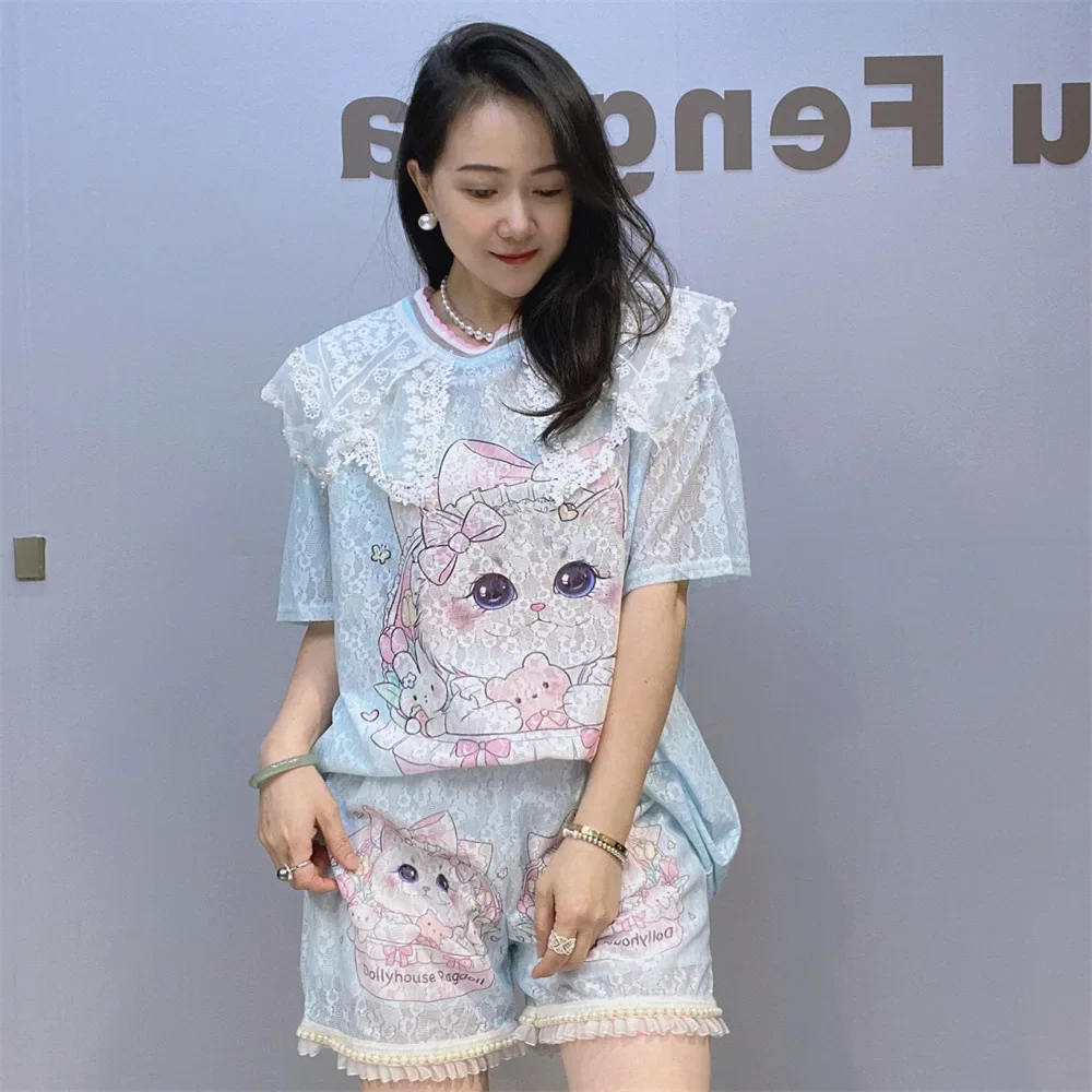 

Женские кружевные комплекты с мультяшным принтом, Повседневная летняя одежда, свободные вязаные вышитые расклешенные боковые комплекты из двух предметов, 2024