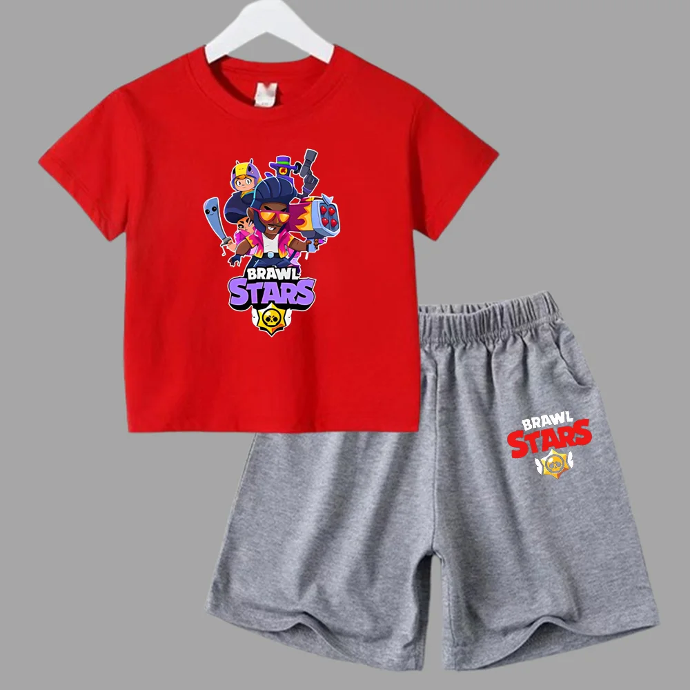 thumbnail image 1 of Conjunto de 2 piezas de camiseta de manga corta y pantalones cortos con estampado de anime de verano para niños y niñas, ropa informal de cuello redondo, 1 of 5