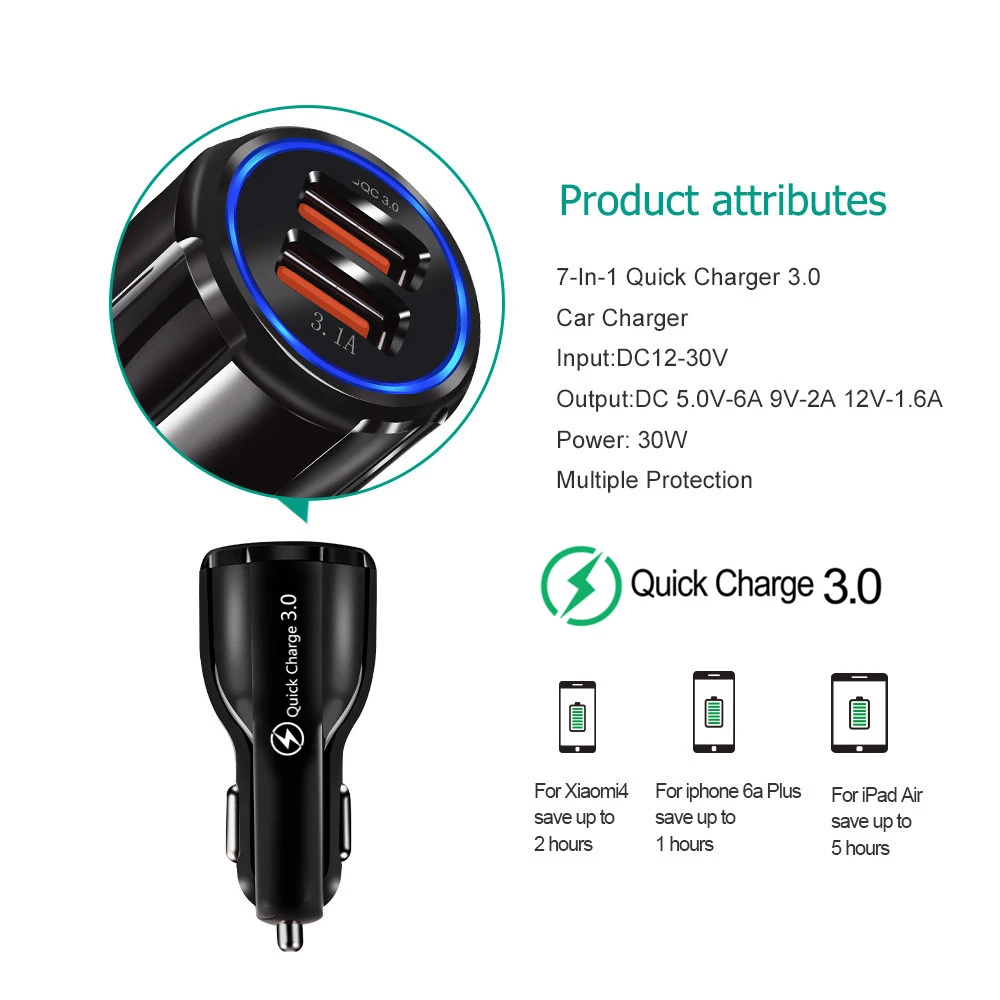 Phone Charger Adapter Phone Charger Car Charger Car Phone Charger 30W Car Charger Quick Charge Cigarette Lighter Adapter 2-Port USB A Fast Charging for iPhone Xiaomi Samsung Huawei