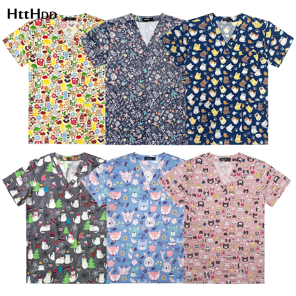 

Медицинская одежда для женщин, унисекс, топ с мультяшным принтом, хлопковая одежда с короткими рукавами для стоматологических клиник, больниц, врачей, рабочая одежда для мужчин