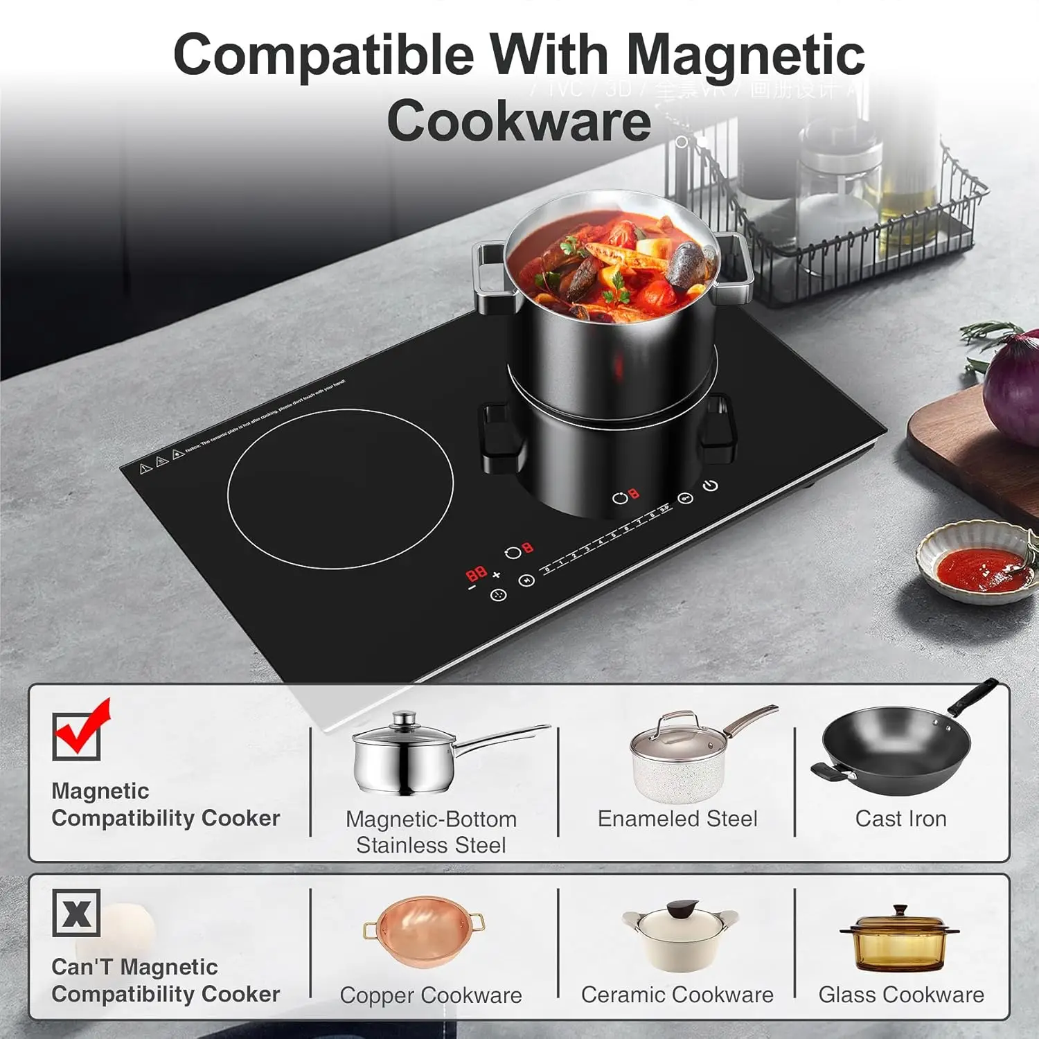 Double Induction Cooktop, 24 inch 4000W Induction stove top with hot plate,Electric cooktop with LCD Touch Screen 9 Levels Setti