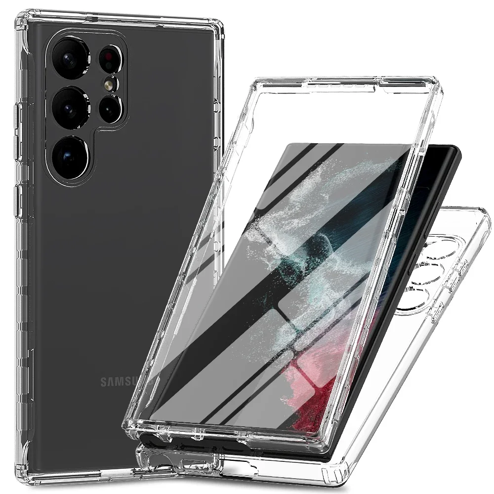 PET-Displayschutz, stoßfeste Rüstung, für Samsung Galaxy S22 S23 FE S24, ultraharter Kunststoff, TPU-Rahmen, transparente Rückseite