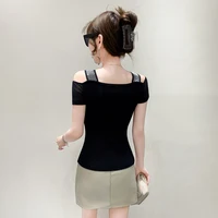 Streetwear Sexy Off-Shoulder Summer T-shirt for Women High Quality Luxury Shiny Diamond Tees Slim Fit Girl Top European Clothing - Image 2