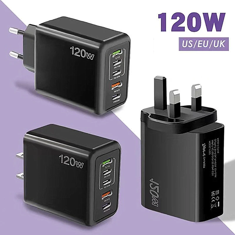 120W PD 5 포트 USB 충전기, 고속 충전, QC3.0 USB C 타입 휴대폰 충전기, 아이폰, 화웨이, 삼성, 샤오미 