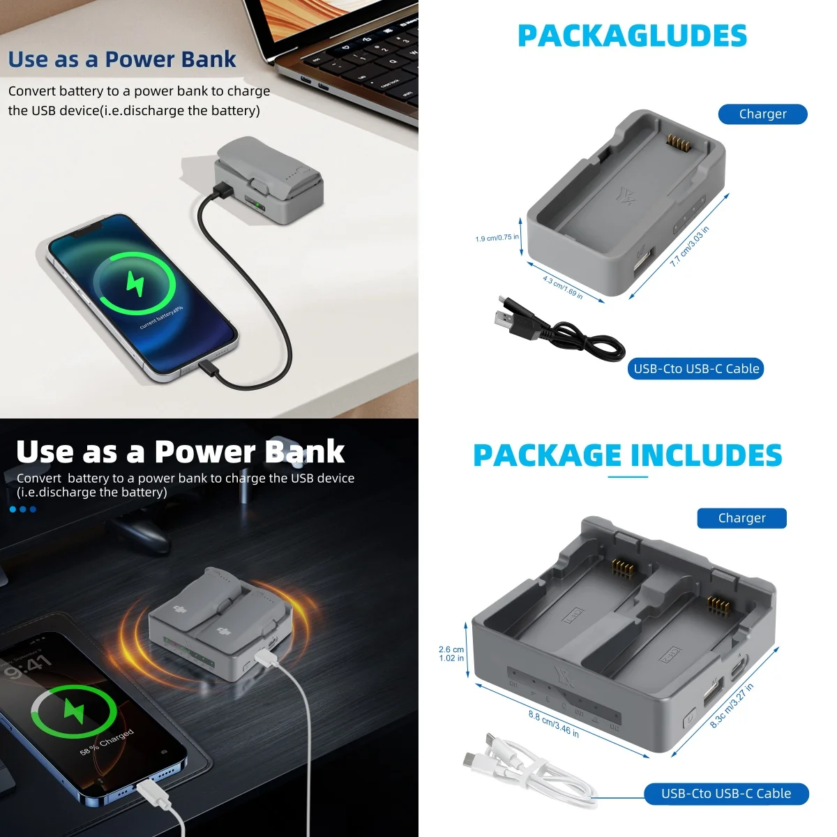 Chargeur USB pour batterie DJI Neo2 - 5V/3A, 2 ports, gris clair/vert clair