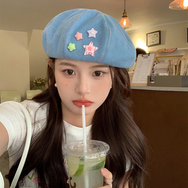 

Sweet Love Denim Berets for Women Spring and Summer Korean Version Showing Face Small Bud Hat Ins Stars Cute Painter Hats