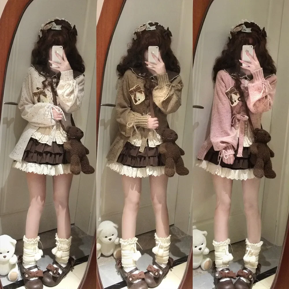Japanese Sweet Lolita Kawaii 3 Piece Set Women Hollow Out Knit Sweater + Chic Tops + Cake Skirts Harajuku Fashion Lovely Outfits