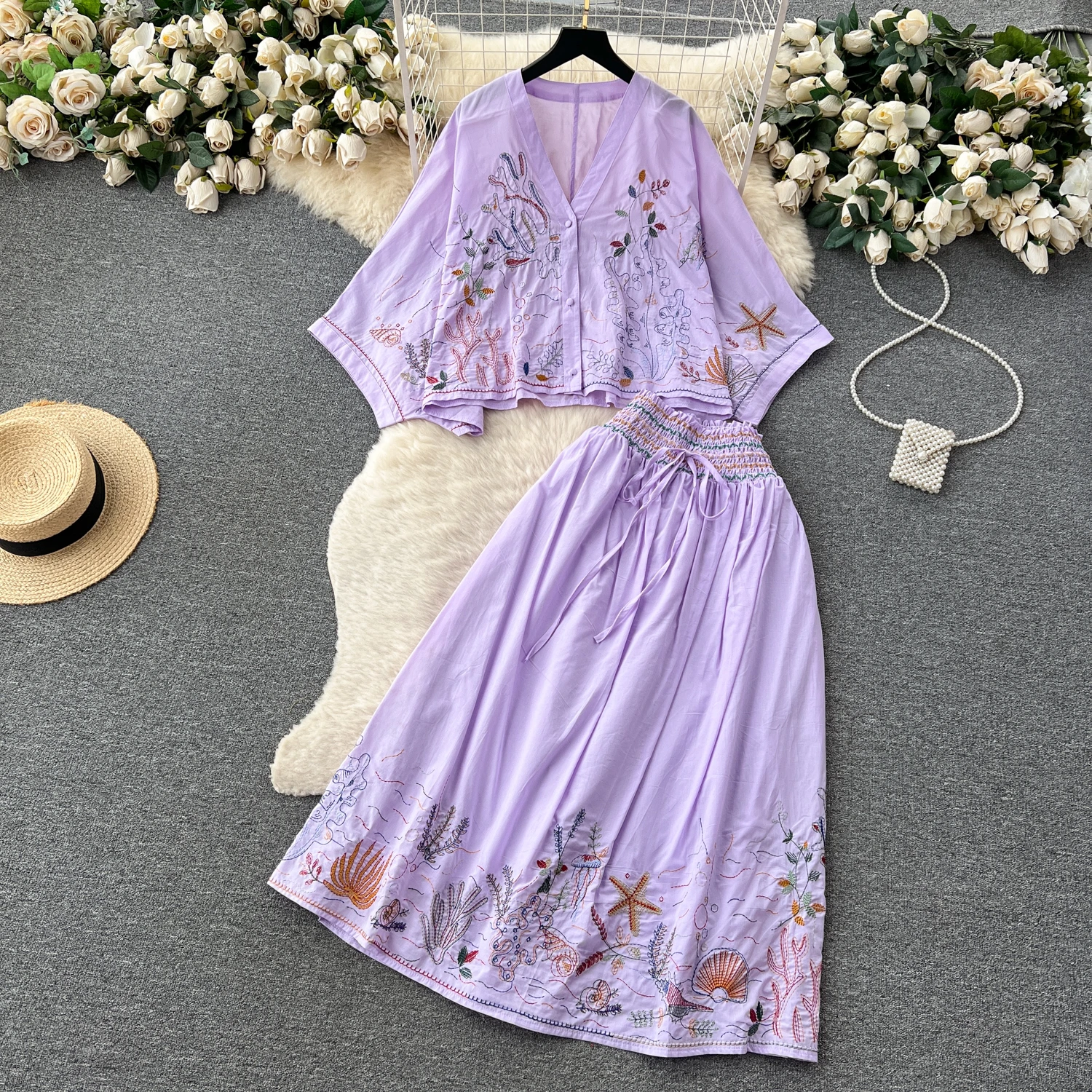 

Clothland Women Elegant Floral Embroidery Suit Wide Sleeve Loose Shirt Elastic Waist Midi Skirt Chic Two Piece Set TA094