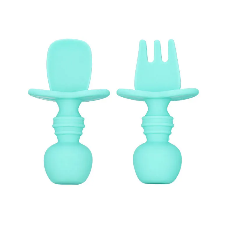 

Baby Silicone Short Knob Spoon Fork Set Food Grade Silicone Infant Feeding Tableware Baby Training Spoon Elastic Safe Spoon Head