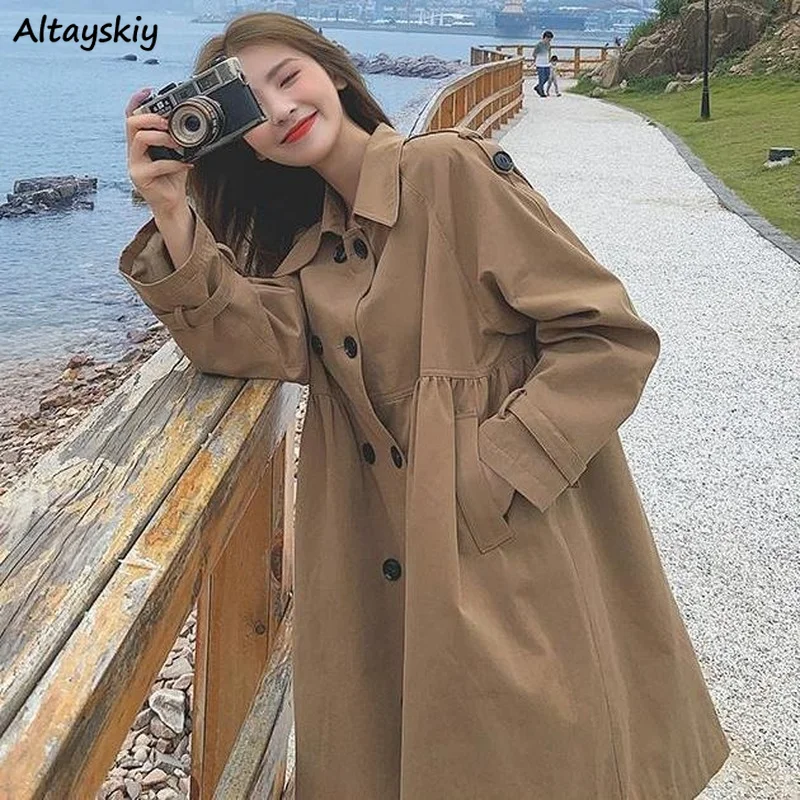 

Medium-long Trench Women High Waist Turn-down Collar Double-breasted Vintage French Style Ladies Spring Fall Overcoat New Trendy